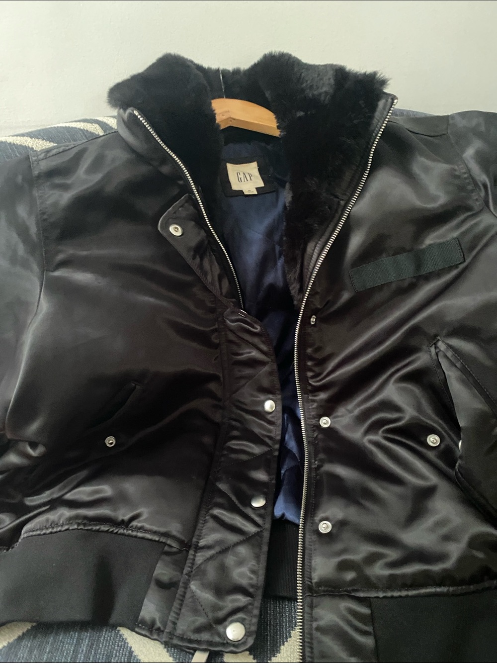 GAP Black Satin Bomber with Faux Fur Collar